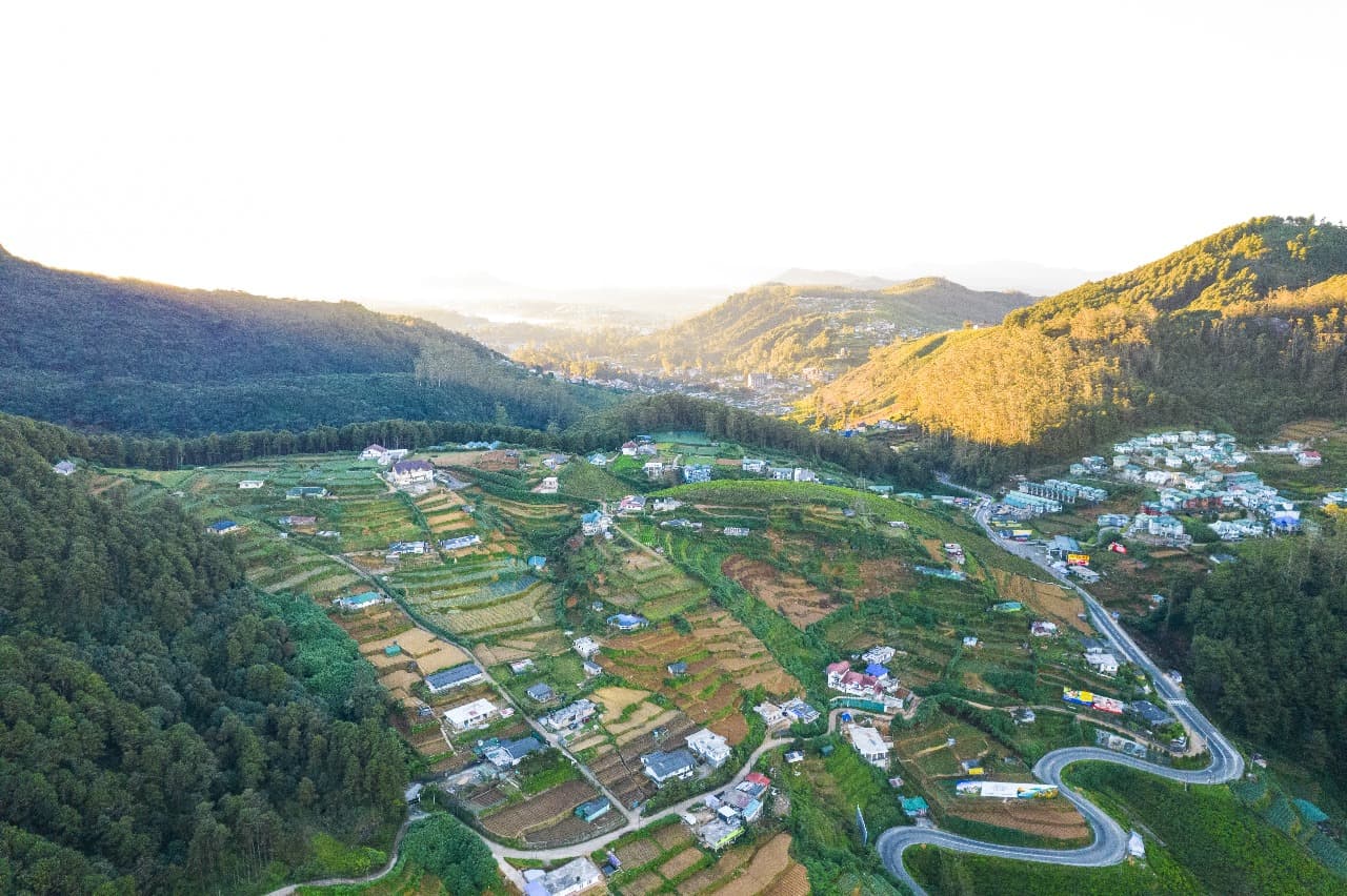 Hotel aerial view with full property and terrace