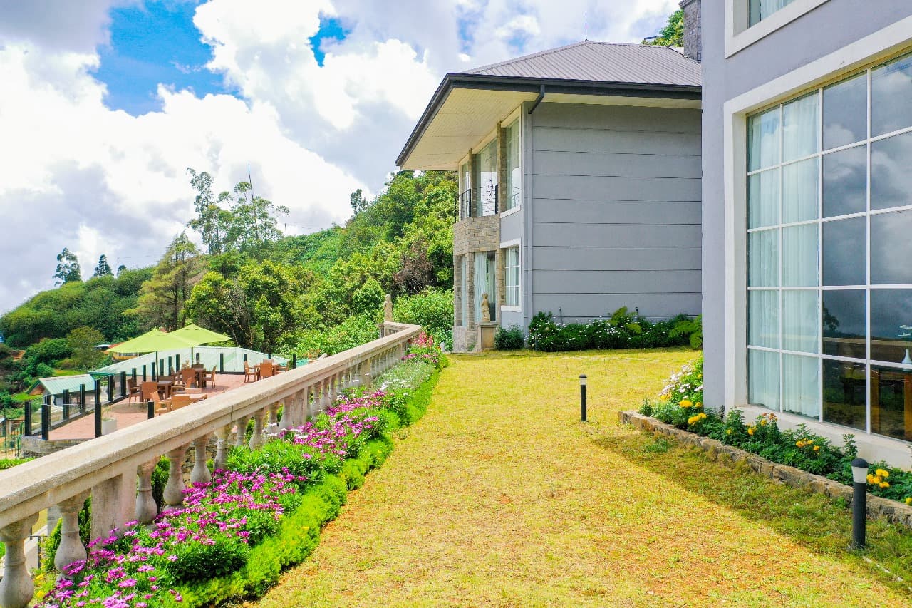 Panoramic valley view with terraced hillsides
