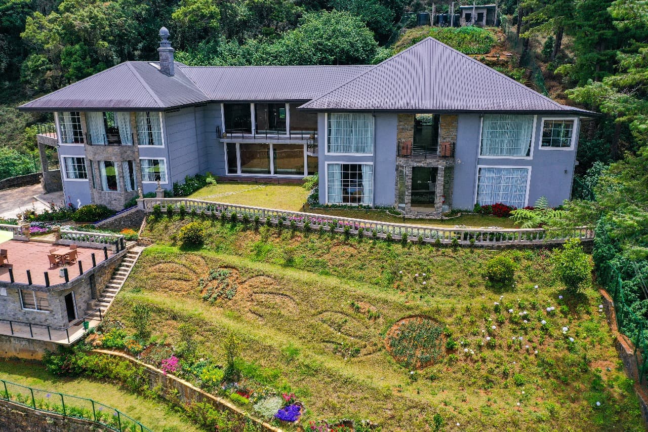 Stone stairway with colorful flower gardens